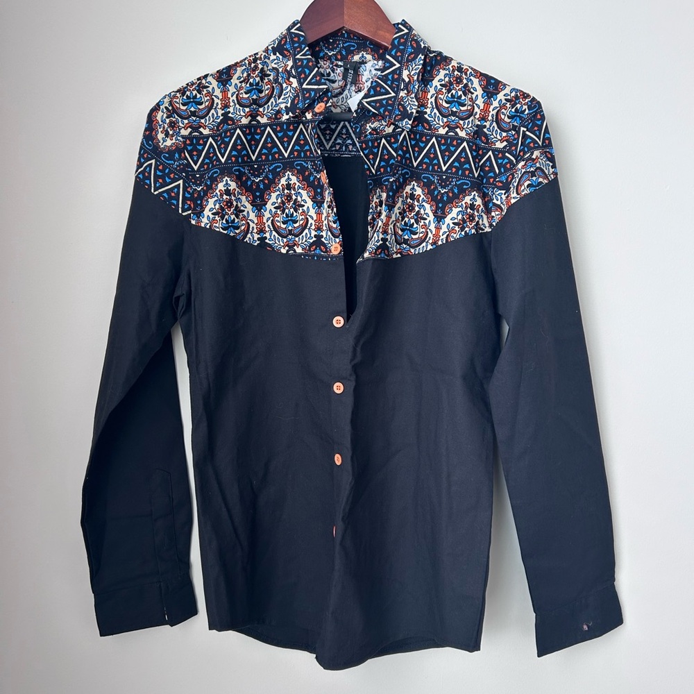Black Long Sleeve Shirt with Patterned Collar